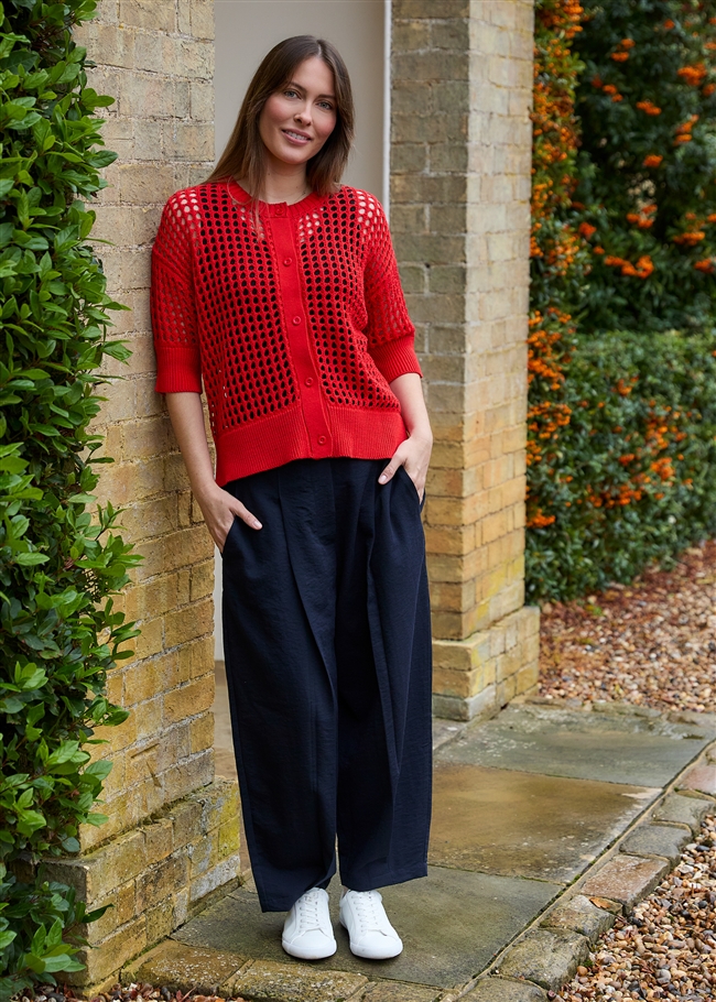 Cotton Mix Crew Neck Holes Cardigan