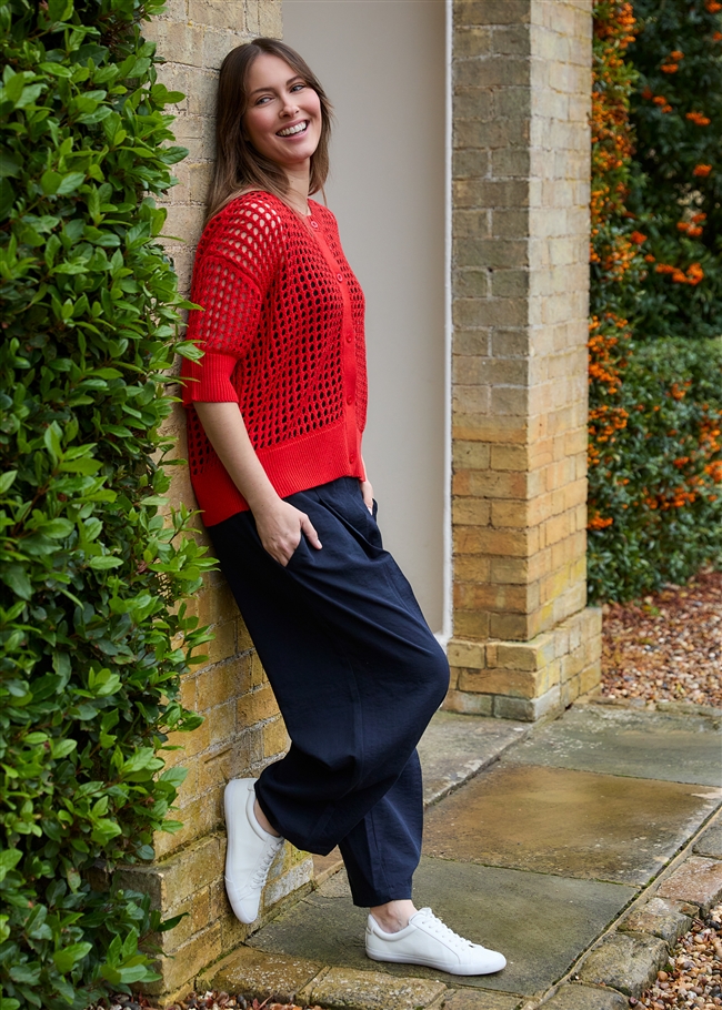 Cotton Mix Crew Neck Holes Cardigan