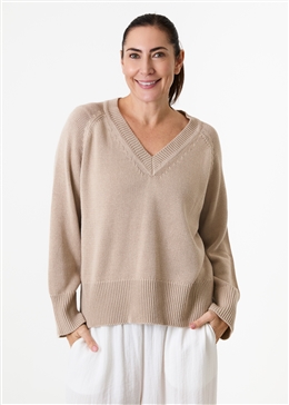 Cotton Mix Roll Edge v Neck Jumper - Stone - front view