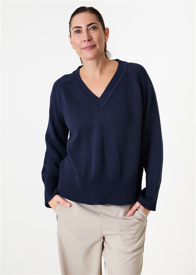 Cotton Mix Roll Edge v Neck Jumper