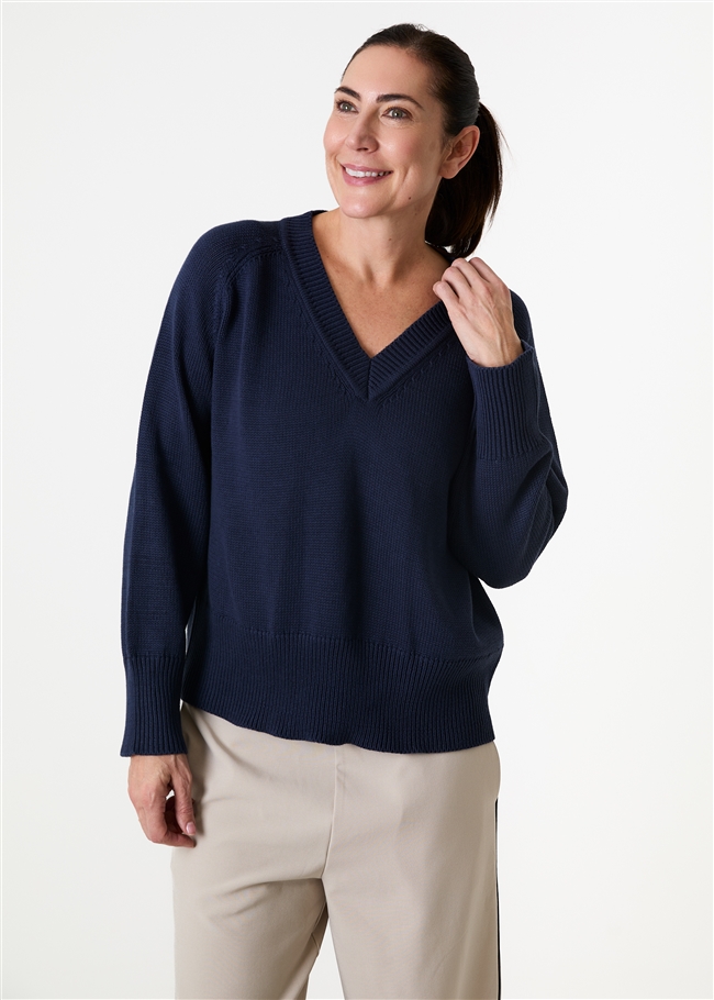 Cotton Mix Roll Edge v Neck Jumper
