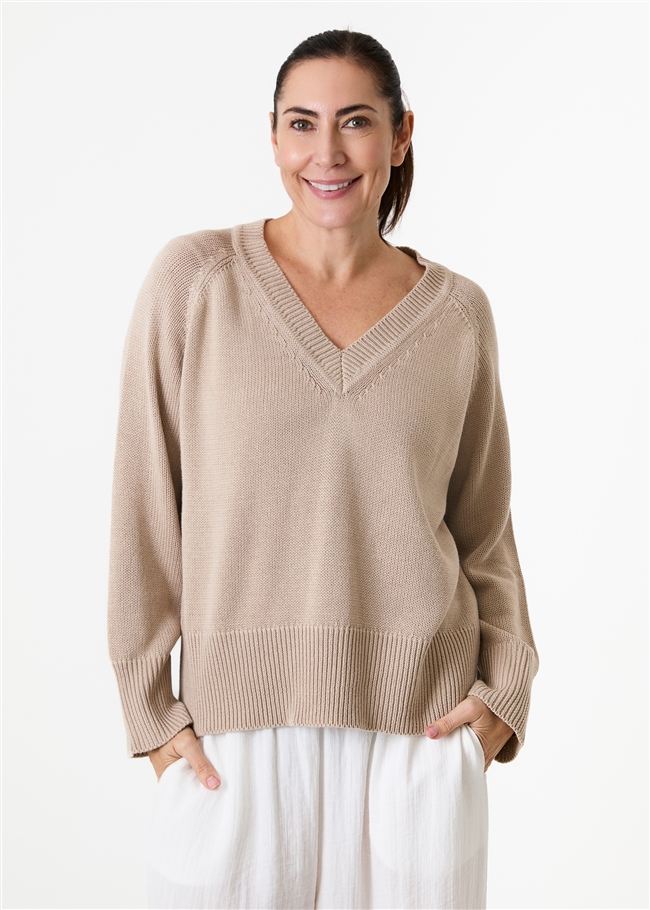 Cotton Mix Roll Edge v Neck Jumper