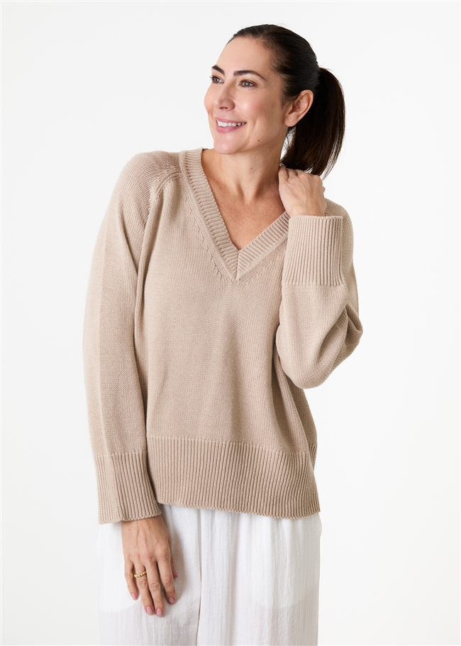 Cotton Mix Roll Edge v Neck Jumper