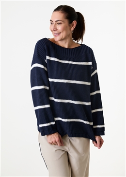 Cotton Mix Boat Neck Stripe Jumper - Navy - side body view