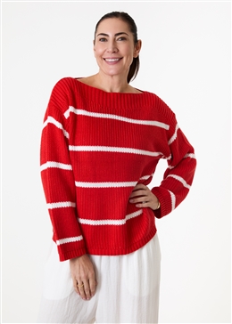 Cotton Mix Boat Neck Stripe Jumper - Poppy Red - front view