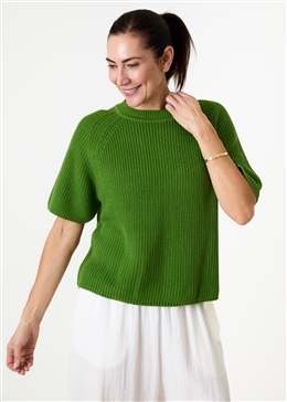 Cotton Mix Rib Short Sleeve Raglan Jumper - Basil Green - front view