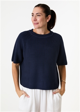 Cotton Mix Rib Short Sleeve Raglan Jumper - Navy - front view
