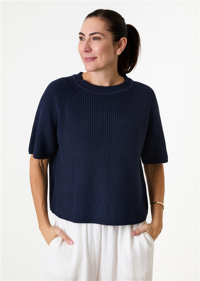 Cotton Mix Rib Short Sleeve Raglan Jumper - Navy - front view