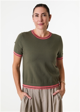 Cashmere Like Crew Neck Tipped Detail Jumper - Khaki - front view