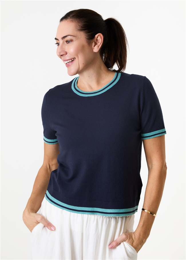 Cashmere Like Crew Neck Tipped Detail Jumper - Navy - side body view