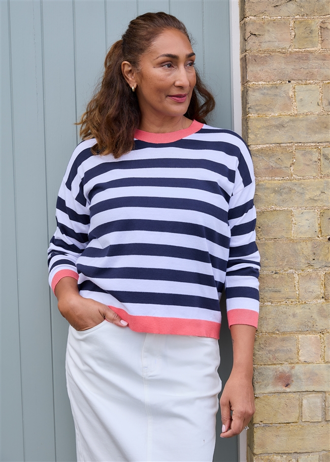 Cashmere Like Crew Neck Block Stripe Jumper