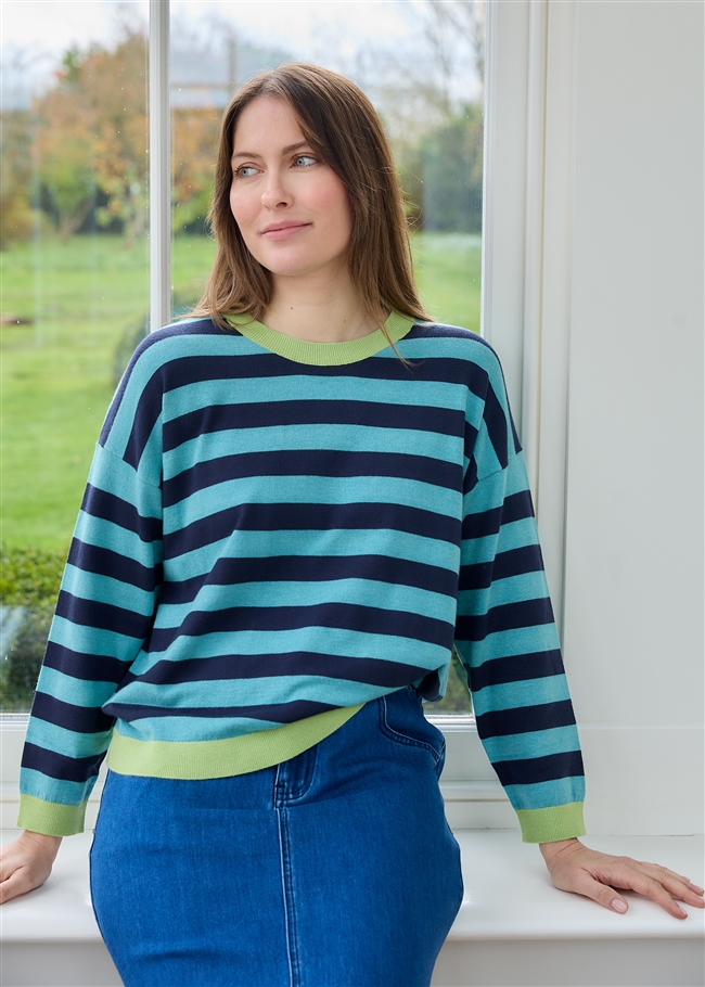 Cashmere Like Crew Neck Block Stripe Jumper - Sea Foam - front view
