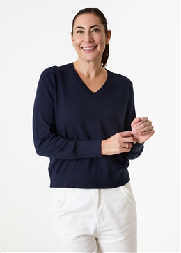 Cashmere Like Deep Cuff Fitted v Neck Jumper - Navy - front view