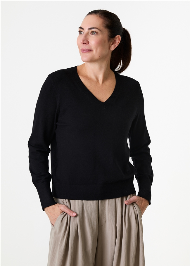 Cashmere Like Deep Cuff Fitted v Neck Jumper