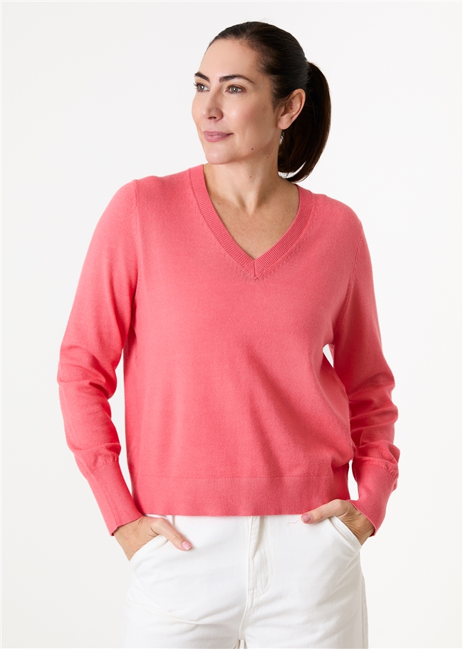 Cashmere Like Deep Cuff Fitted v Neck Jumper