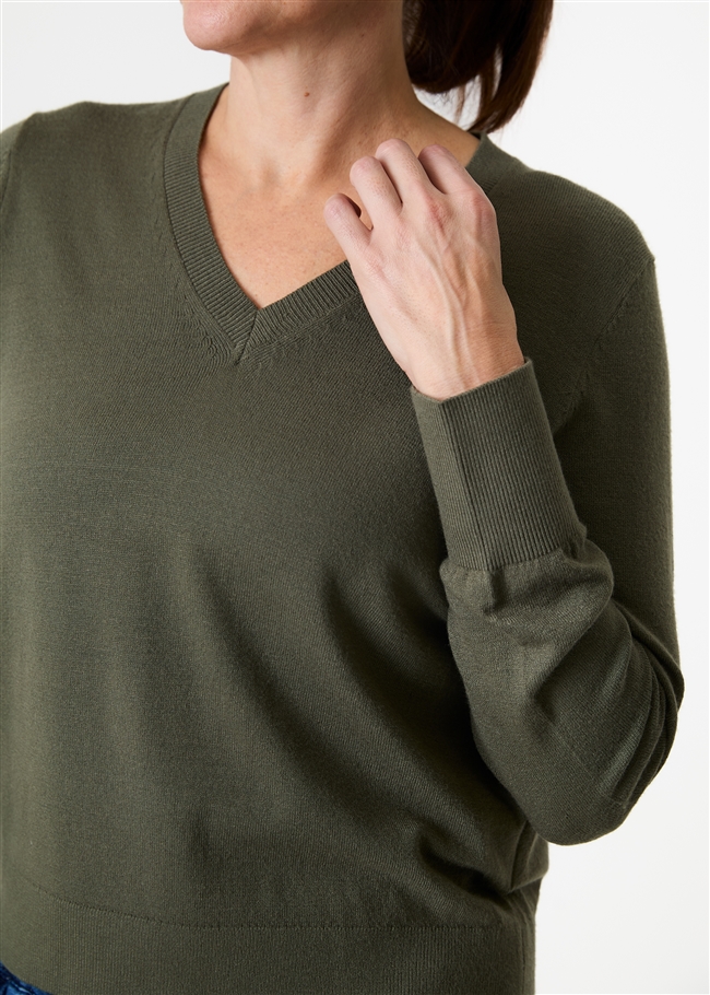 Cashmere Like Deep Cuff Fitted v Neck Jumper