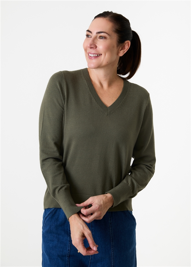 Cashmere Like Deep Cuff Fitted v Neck Jumper