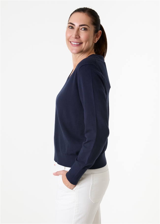 Cashmere Like Deep Cuff Fitted v Neck Jumper