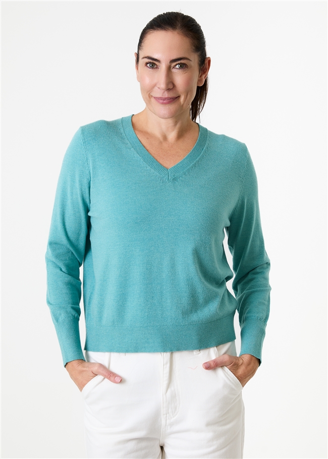Cashmere Like Deep Cuff Fitted v Neck Jumper