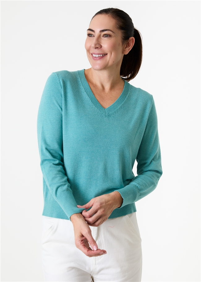 Cashmere Like Deep Cuff Fitted v Neck Jumper