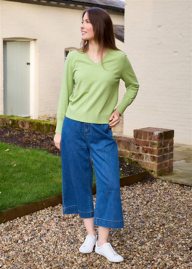 Cashmere Like Deep Cuff Fitted v Neck Jumper