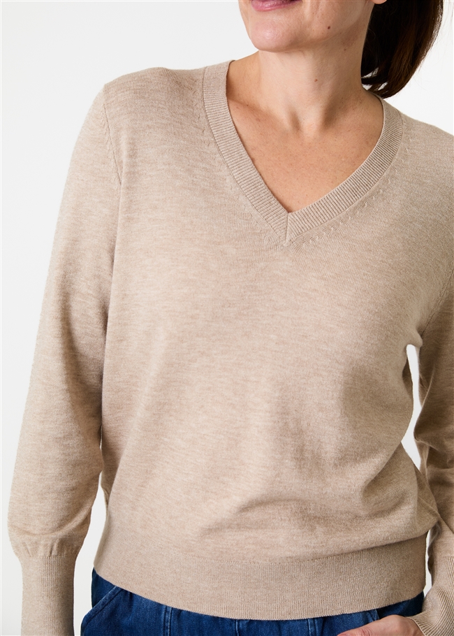 Cashmere Like Deep Cuff Fitted v Neck Jumper