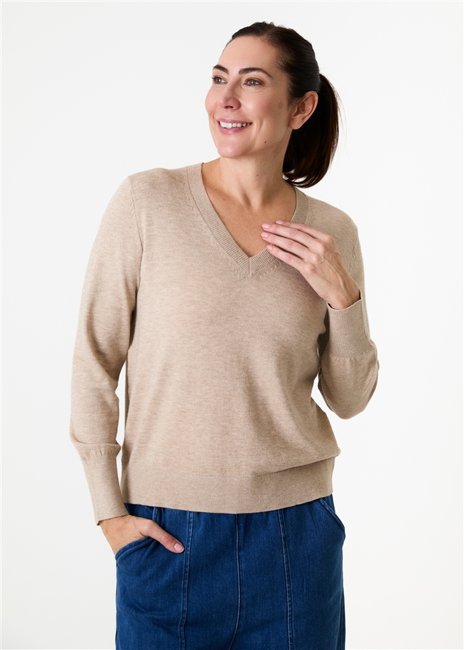Cashmere Like Deep Cuff Fitted v Neck Jumper