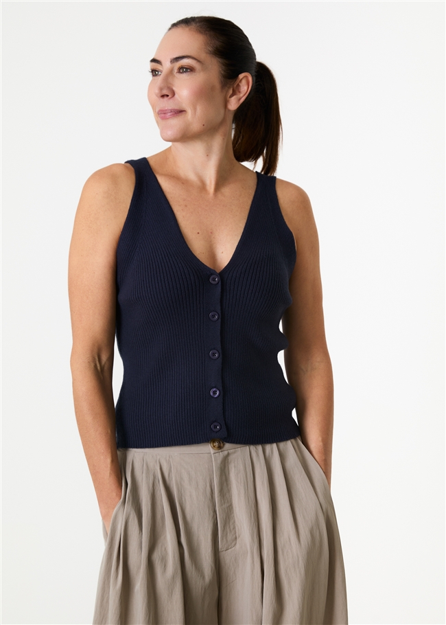 Cashmere Like v Neck Button Through Knitted Vest - Navy - front view