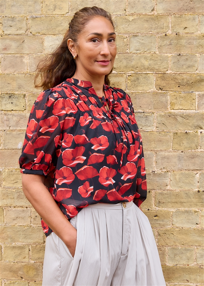 Painterly Poppies Tie Neck Shirred Blouse