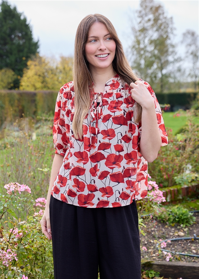 Painterly Poppies Tie Neck Shirred Blouse