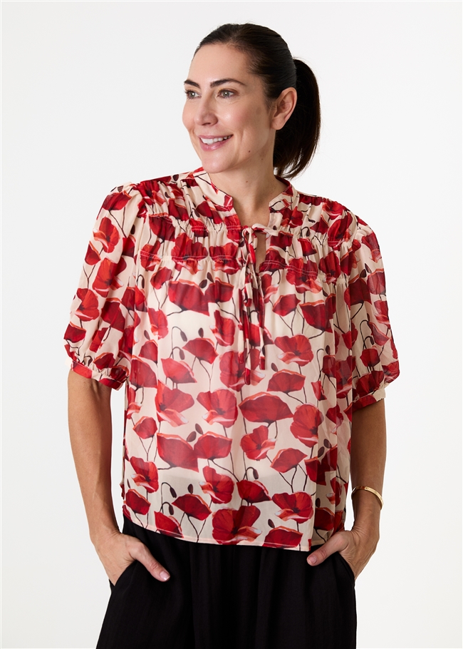 Painterly Poppies Tie Neck Shirred Blouse