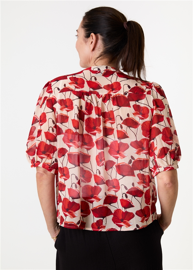 Painterly Poppies Tie Neck Shirred Blouse