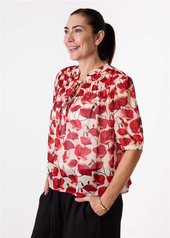 Painterly Poppies Tie Neck Shirred Blouse