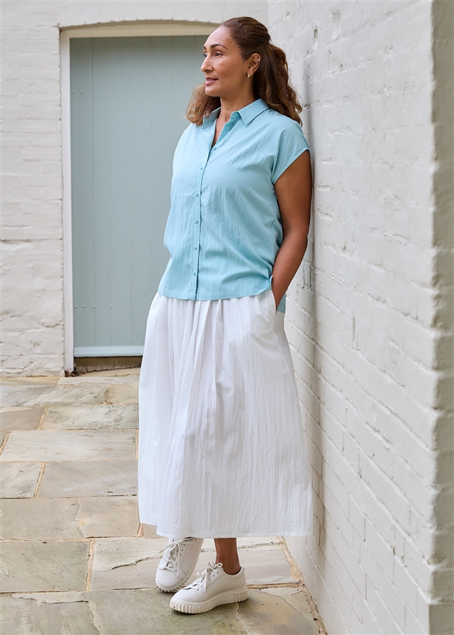 Pleat Front Elastic Waist Midi Skirt