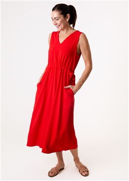 Linen Viscose Sleeveless v Neck Drawstring Waist Dress - Poppy Red - side body view