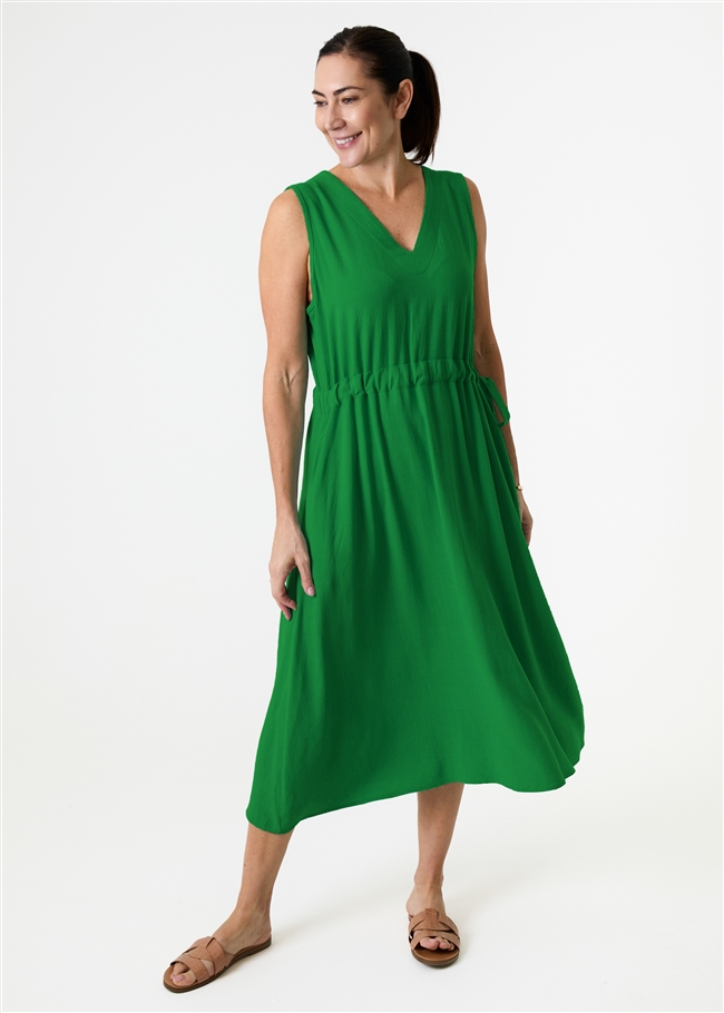 Linen Viscose Sleeveless v Neck Drawstring Waist Dress