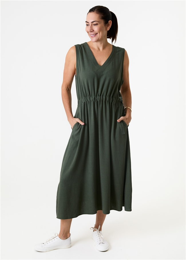 Linen Viscose Sleeveless v Neck Drawstring Waist Dress