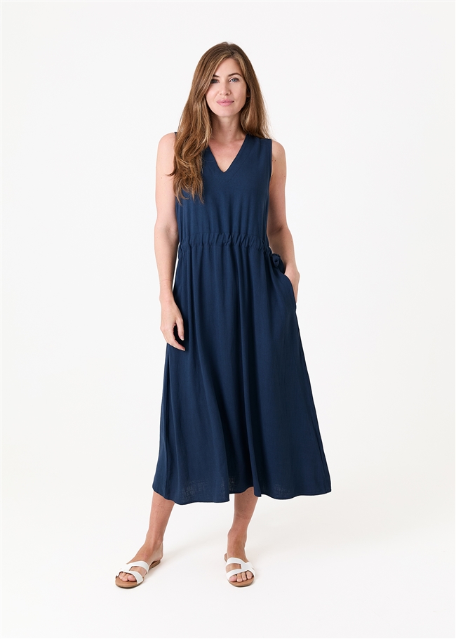 Linen Viscose Sleeveless v Neck Drawstring Waist Dress