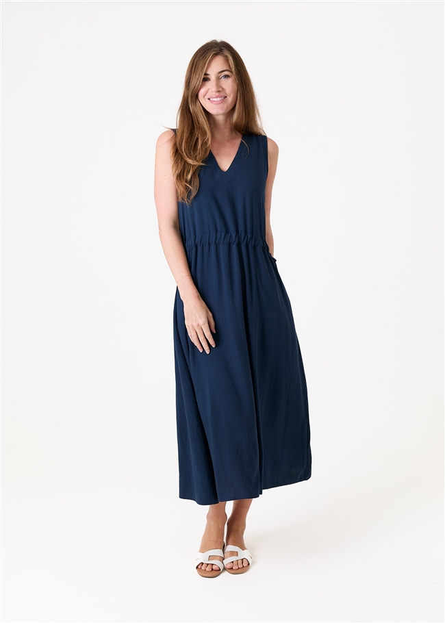 Linen Viscose Sleeveless v Neck Drawstring Waist Dress