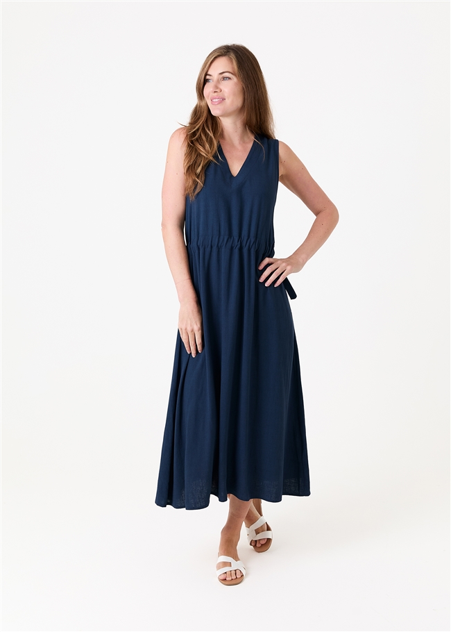 Linen Viscose Sleeveless v Neck Drawstring Waist Dress