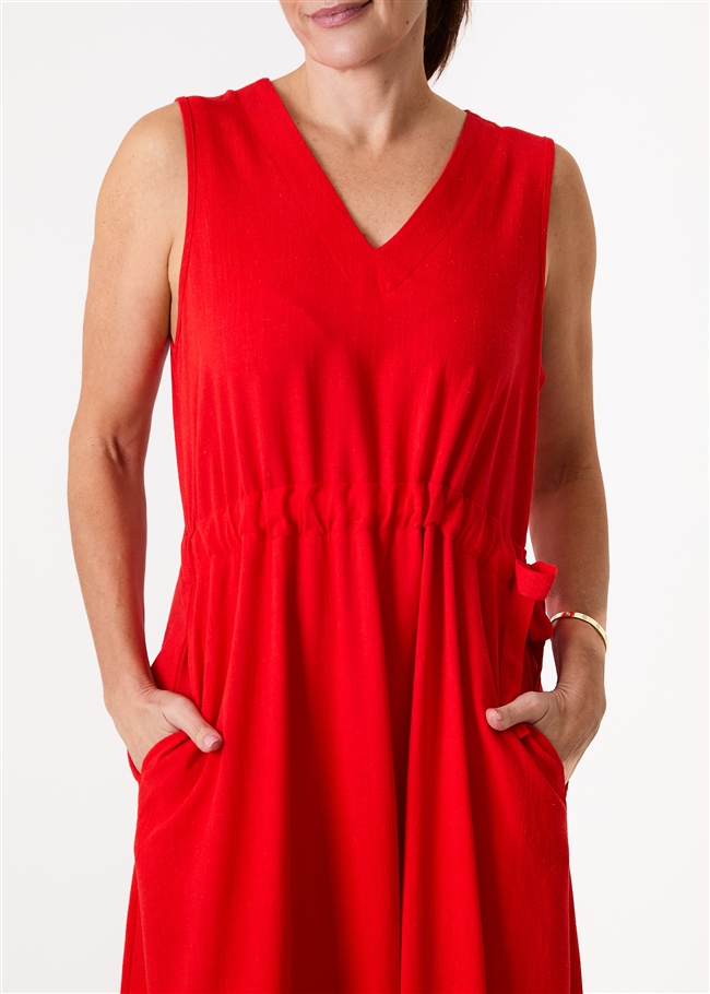 Linen Viscose Sleeveless v Neck Drawstring Waist Dress