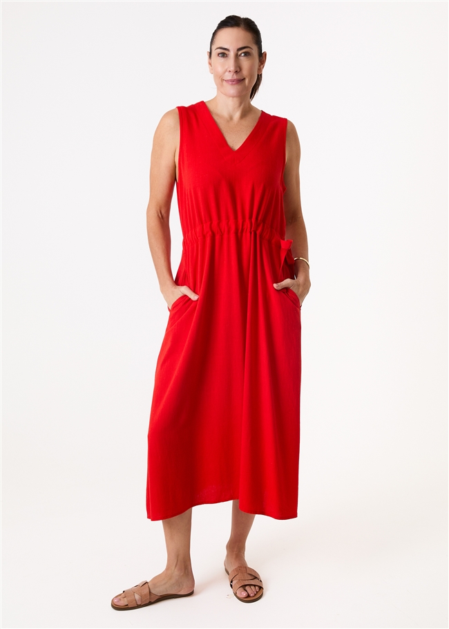 Linen Viscose Sleeveless v Neck Drawstring Waist Dress