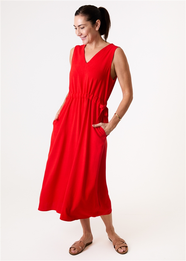 Linen Viscose Sleeveless v Neck Drawstring Waist Dress