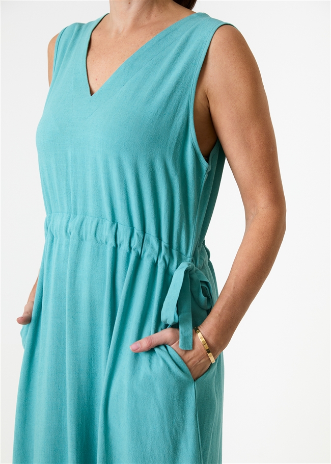 Linen Viscose Sleeveless v Neck Drawstring Waist Dress