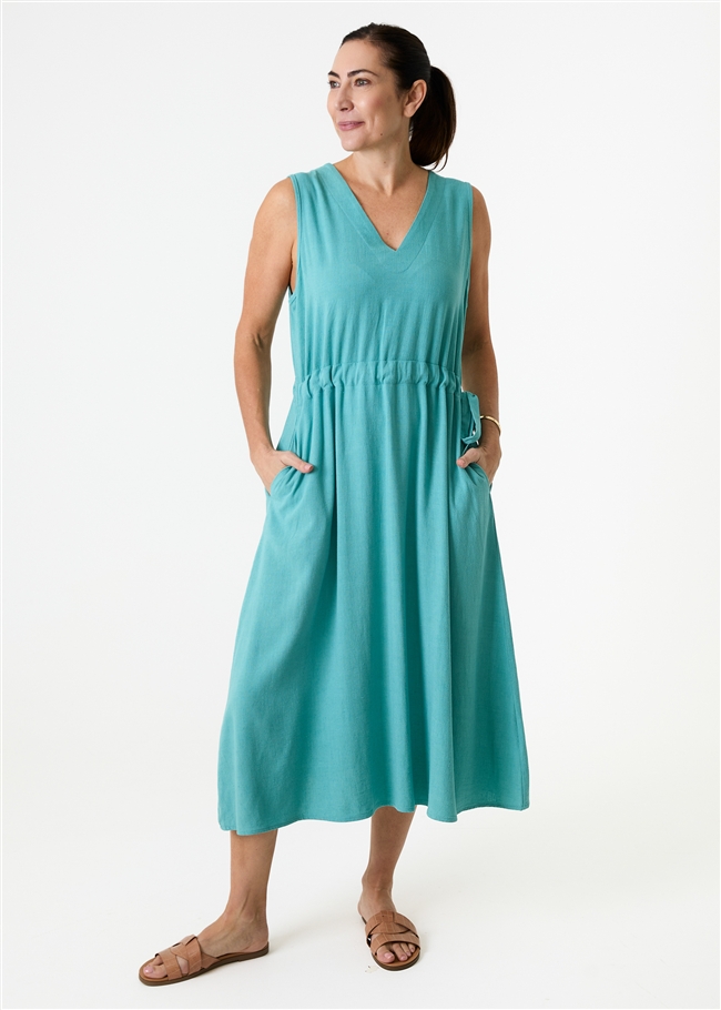 Linen Viscose Sleeveless v Neck Drawstring Waist Dress