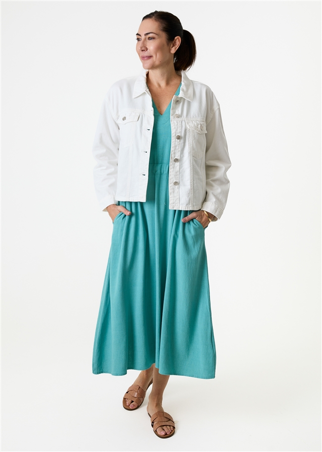 Linen Viscose Sleeveless v Neck Drawstring Waist Dress