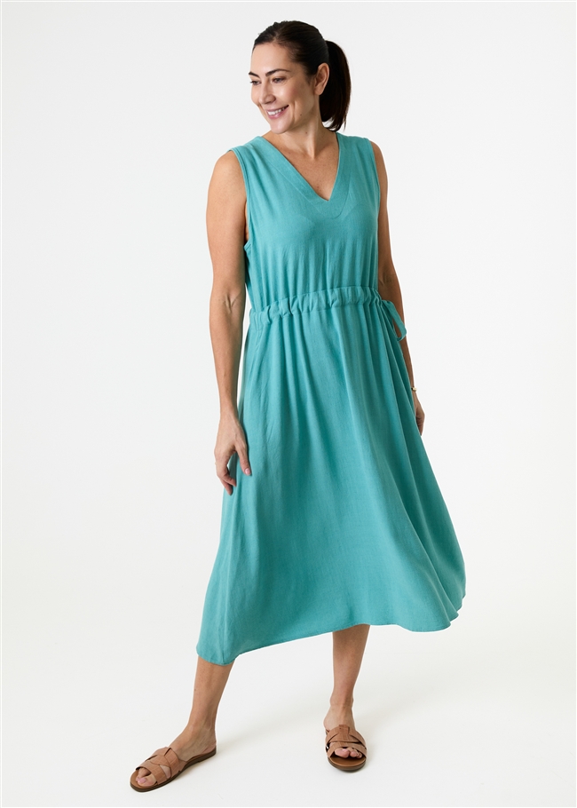 Linen Viscose Sleeveless v Neck Drawstring Waist Dress