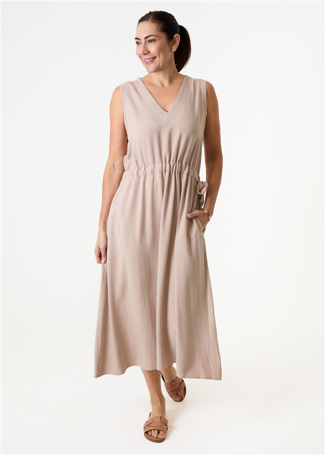 Linen Viscose Sleeveless v Neck Drawstring Waist Dress