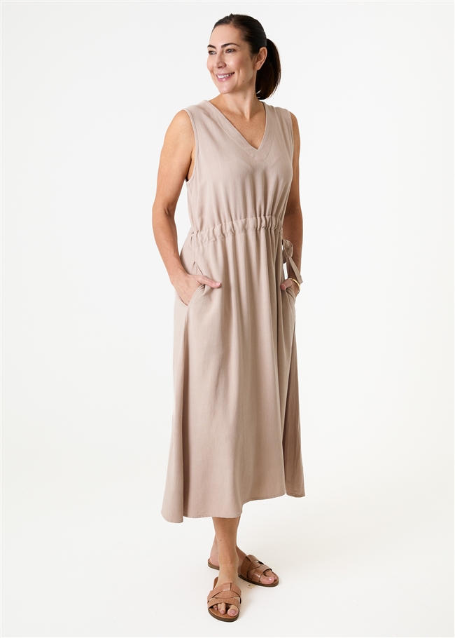 Linen Viscose Sleeveless v Neck Drawstring Waist Dress