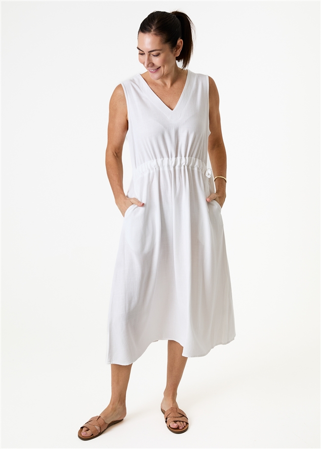 Linen Viscose Sleeveless v Neck Drawstring Waist Dress